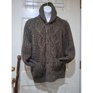 Vintage 90s LL Bean Mens LT Donegal Wool Fisherman Cable Knit Cardigan Sweater